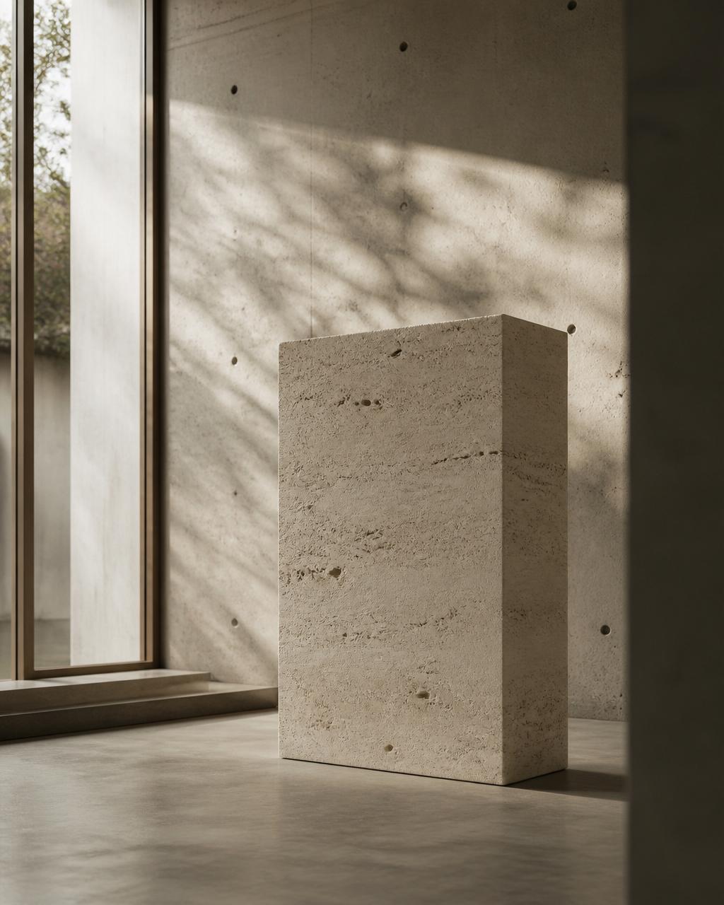 Bloco monolítico de pedra calcária em sala de concreto aparente, atravessada por luz natural e sombras de folhagem